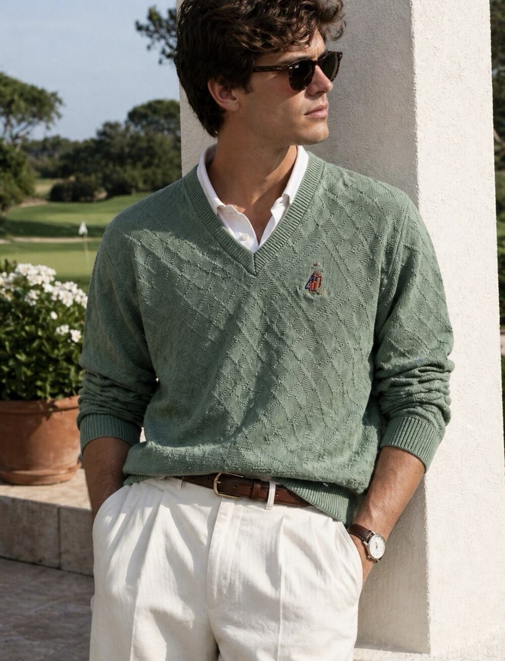 Vintage Textured Sage V Neck Sweater Gold Logo Coastal Preppy Old Money Knit